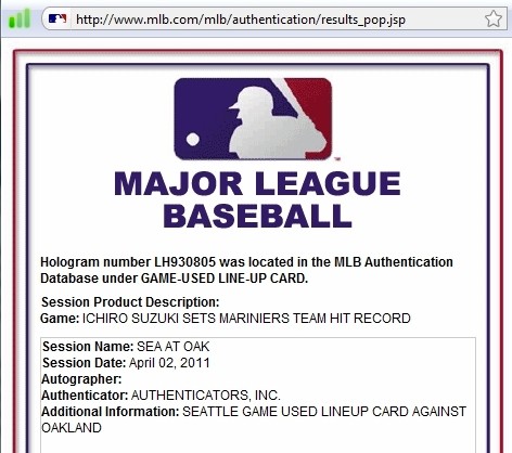 イチロー直筆サイン入り2011年4月2日マリナーズ球団最多数安打記録更新試合実使用ラインアップカード